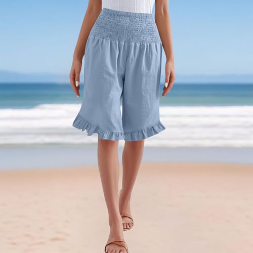 Women's Bermuda Shorts Knee Length High Waist Plus Size Summer Beach Flowy Wide Leg Palazzo Pants with Pockets2