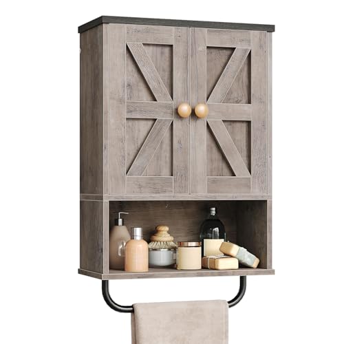 Comparison: Best Greige For Kitchen Cabinets 10 CHOEZON Bathroom Wall Cabinet, Medicine Cabinet with Open Partition and Towel Bar, Rustic Storage Cabinet with Open and Hidden Storage Space, for Bathroom, Living Room, Greige and Charcoal Black