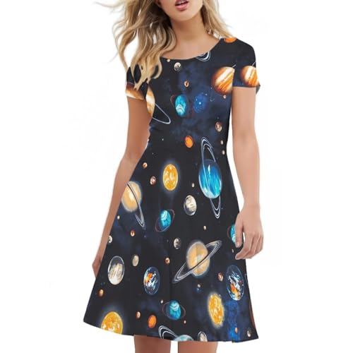 Image of Forchrinse Galaxy Colorful Planet Space Womens Dress Short Sleeve Midi Tunic Dress Plus Size Casual Elegant Formal Dress 3D Galaxy Party Sexy Sundresses for Women, Large