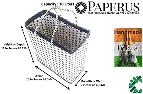 Image of Paperus, SMALL, COMPACT, White & Grey Lunch Bag, Carry Bag, Shopping Bag, Handbag, Tiffin Bag, Eco-friendly, Handmade, of Paper Ropes 11 In Tall 10 In Length 5 In Wide Base