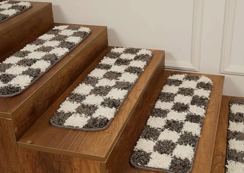 Fluffy Shaggy Non-Slip Washable Carpet Stair Treads, Self-Adhesive Stair Mats/Rugs for Kids Elders and Pets, 20x65cm, 15pc in Box (Fume/Cream) - Image 3