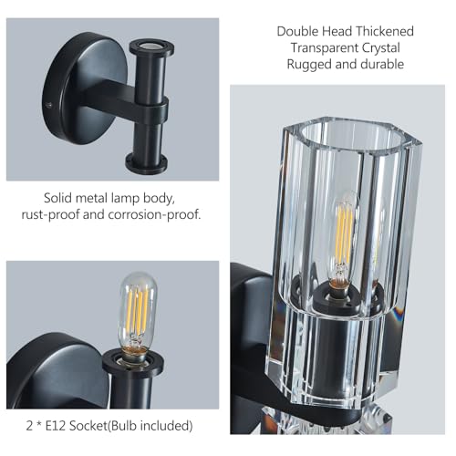 Image of 2 Light Black Wall Sconces Crystal Wall Sconce Modern Wall Sconces with K9 Crystal Lampshade Hallway Indoor Sconces Wall Lighting for Bathroom Entryway Stairway(1-Pack)