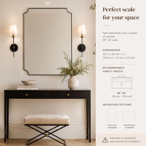 Image of TEHOME 30x40'' Black Vanity Mirror for Bathroom, Matt Black Scalloped Framed Bathroom Vanity Mirror