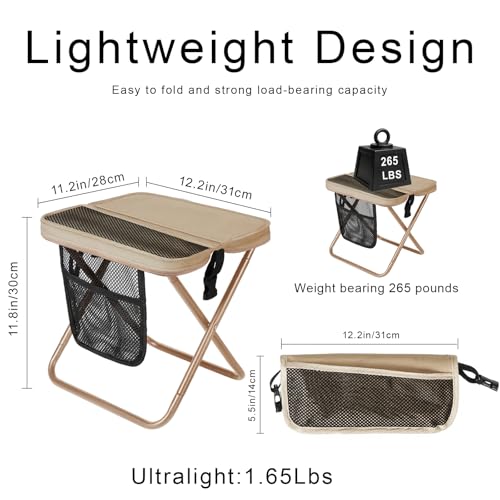 Image of Foldable Backpack Stool for Camping,Portable Pocket Folding Stool with Storage Pouch,Folding Camping Stool for Hands-Free Carry & Supports 265Lbs,Small Chair for Fishing,Travel,Hiking，Beige