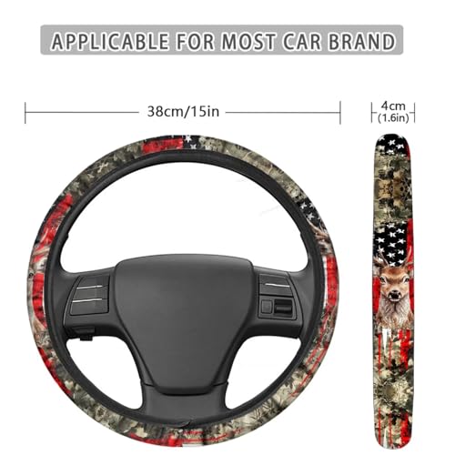 UNICEU Hunting Camouflage Deer Auto Steering Wheel Cover Accessory Universal Fit SUV Truck Vehicles,Camo Deer American Flag 15 Inch Neoprene Car Steering Wheel Wrap Car Interior Set