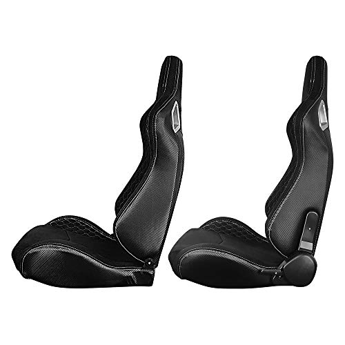 Freemotor802 Universal Racing Seats, Reclinable Sport Seats With Dual Lock Sliders Adjustable, 1 Pair (Driver + Passenger Side), Suede + Carbon Fiber Fabric, Black With White Stitching #TOP2