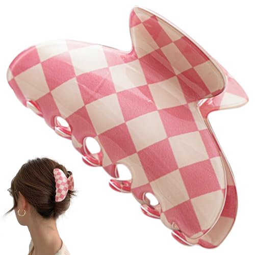 AEGYPIUS Checkered Claw Clip, 3.54 inches Pink Checkered Hair Clip Cute Pink Claw Clip for Thick Hair, Aesthetic D-Shaped Chunks Hair Clip Hair Accessories for Women