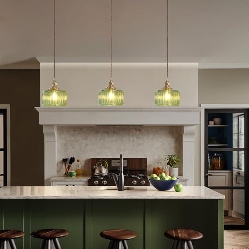 Image of Shenmoyl Pendant Light with Green Striped Glass Lmapshade, Brass Vintage Pendant Light Adjustable Hanging Light for Kitchen Island Dining Room Hallway