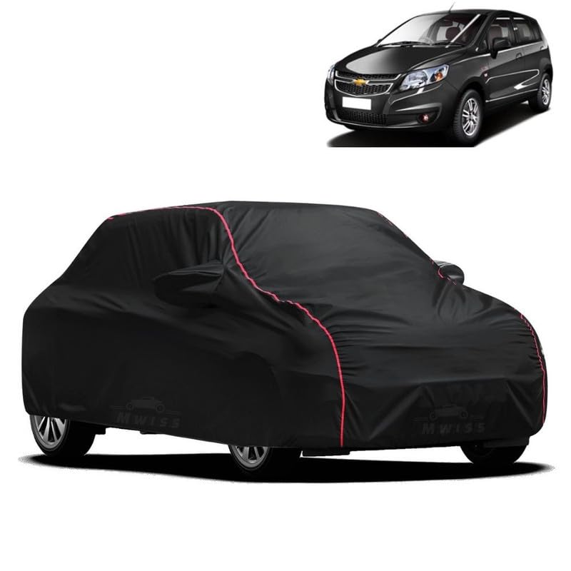 Image of Waterproof Car Cover for Chevrolet Sail UVA | All-Weather Protection, Dustproof & UV Resistant | Triple Stitched Mirror Pockets, Windproof Buckle Strap with Elastic Hem, Black-Red Piping