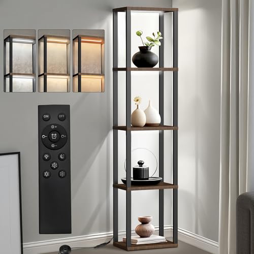 XIIW Bücherregal mit LED-Beleuchtung, 5 Stufige Stehlampe mit Holzregal, Dimmbar Stehleuchte mit 3 Farbtemperatur und Helligkeit einstellbar, Wohnzimmer Standregal für Schlafzimmer, Arbeitszimmer