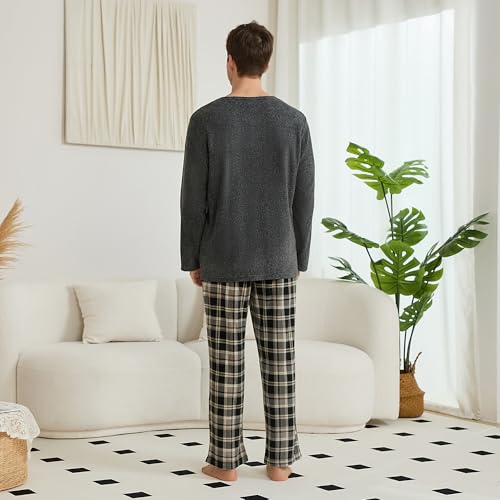 U2SKIIN Mens Fleece Pajamas Set, Soft Warm Long Sleeve Prints Pants Pajama set for Men Comfy Sleepwear Pjs(DARK GREY MEL/BLACK-GREY PLAID,XL)3
