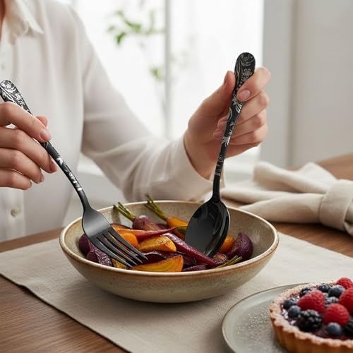 Image of 15 Pcs Black Floaral Stainless Steel Cutlery Set for Dining Table with Spoons and Forks Set + Butterknives - The Perfect Tableware /Flatware