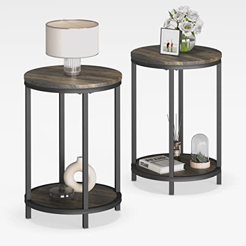Image of NSdirect Round Side Table Set of 2,16in Rustic Wooden End Table Surface Top & Sturdy Metal Legs Nightstand for Living Room Bedroom Farmhouse Sofa Table with Storage Open Shelf,Rustic Brown