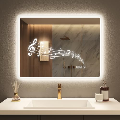 STARLEAD Espejo-Baño-con-Luz y Bluetooth 60x80cm, Espejos-de-Baño-con-LED, Antivaho, Regulable, 3 Colores Luz, Memoria, IP44, Vidrio Templado HD, Horizontal/Vertical