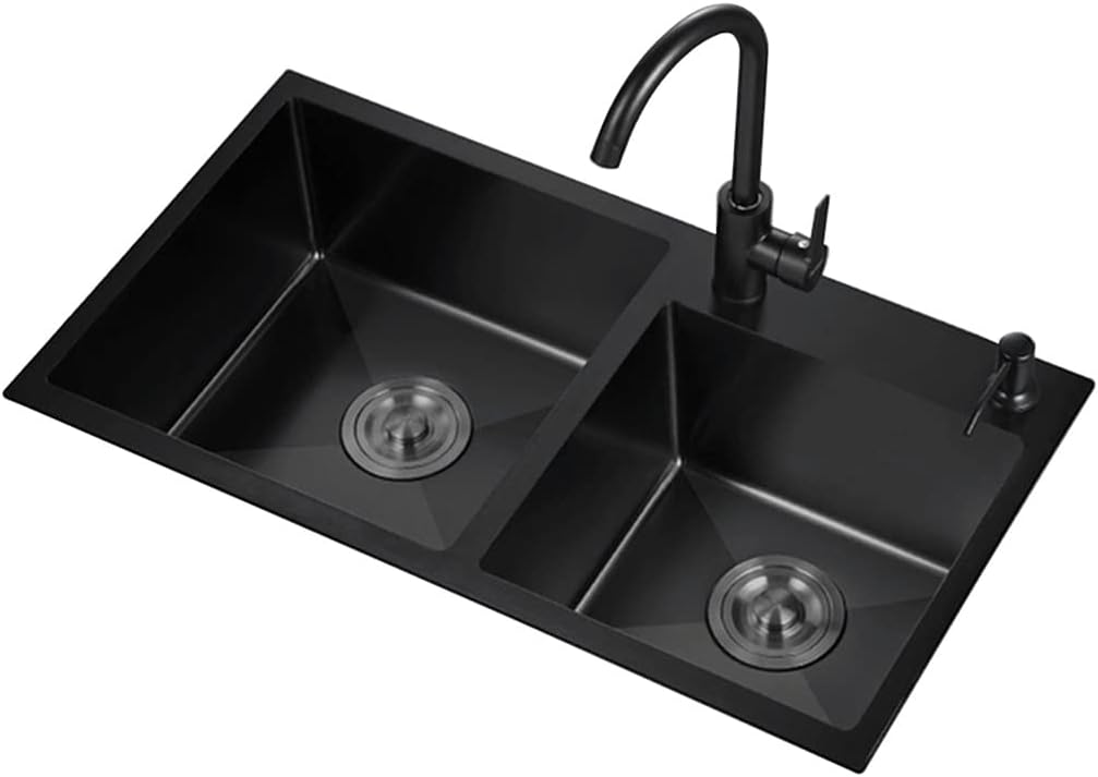 Stainless Steel Kitchen Sink s Black, with Round Faucet Bar Prep, Deep Double Bowl Made of 304 Steel, Built-in or Undermount Installation (Color : Black, Size : 82x45cm)