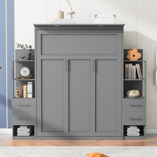 Merax Queen Size Murphy Bed, Wooden Queen Wall Bed with LED, Shelves and Drawers, for Small Room or Home Office, Gray