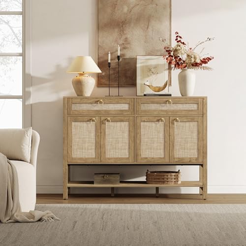 Image of SICOTAS Rattan Sideboard Buffet Cabinet with Open Storage - Large Farmhouse Credenza with 4 Doors & 2 Drawers, Boho Coffee Bar Cabinets Buffet Console Table for Kitchen, Hallway
