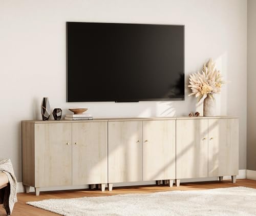 WAMPAT TV Stand Cabinets for 85+ Inches TVs, 3-in-1 Wood Entertainment Center with Doors and 9 Compartments, 106" Modern Media Console Table with Storage for Living Room Bedroom, Natural Oak