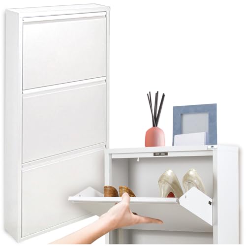 StarMart Scarpiera Salvaspazio Slim BIANCA (3 Ante 9 Paia, Nessun Montaggio) Struttura in Metallo resistente (no plastica, tessuto, or legno), per Interni/Esterni, Scarpe/Stivali, Garanzia 15 Anni