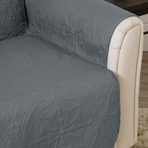 Image of Great Bay Home Reversible Sofa Cover - Washable Slipcover Furniture Protector with Elastic Straps - Perfect for Kids & Pets - Quilted & Stitched Detail (Mirage Gray /Flax)
