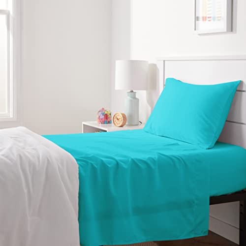 Image of Amazon Basics Kid's Soft Easy-Wash Lightweight Microfiber 3-Piece Sheet Set, Twin, Bright Aqua, Solid