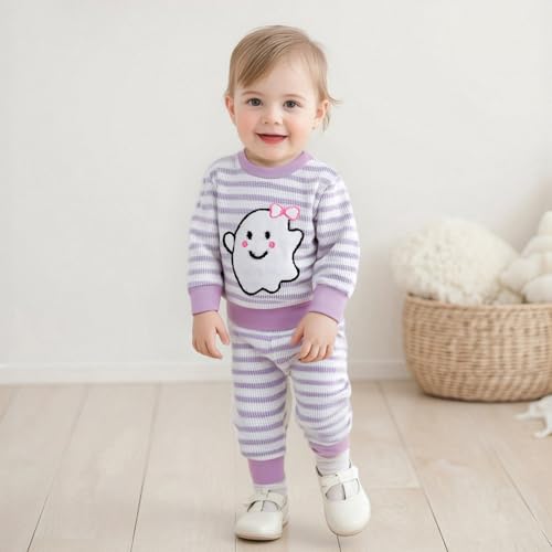 Halloween Toddler Baby Girl Clothes Stripes Waffle Sweatshirt Pullover Pants Set Kids Girls Spooky Fall Outfits3