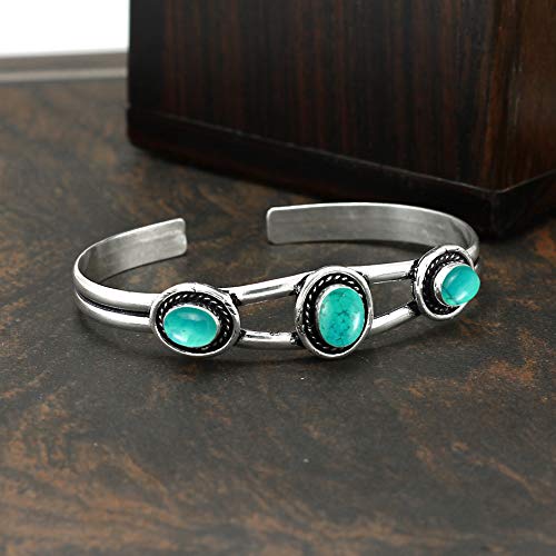 Natural Three Gemstones 925 Silver Overlay Open Bangle for Women - Oval Stone Vintage Style Handmade Adjustable Cuff Bracelet Jewelry - Perfect for Wedding & Special Occasions4