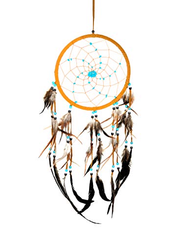 Dream Catcher Dreamcatcher - Brown Suede with Turquoise Details - Handmade, Large Size - 28" Long x 9" Diameter - OMA® Brand - Image 3