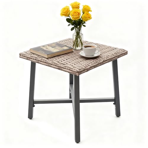 MOLIBYME Outdoor Wicker Side Table, Small Square Patio Rattan Coffee