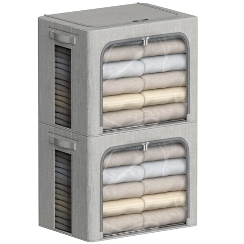 Image of FHSQX 2 Pack Clear Window Storage Bins - Large Stackable Linen Fabric Storage for Clothes Foldable Container Organizer Set with Carrying Handles (Light Gray, 15.7x 11.8x 9.8Inch)