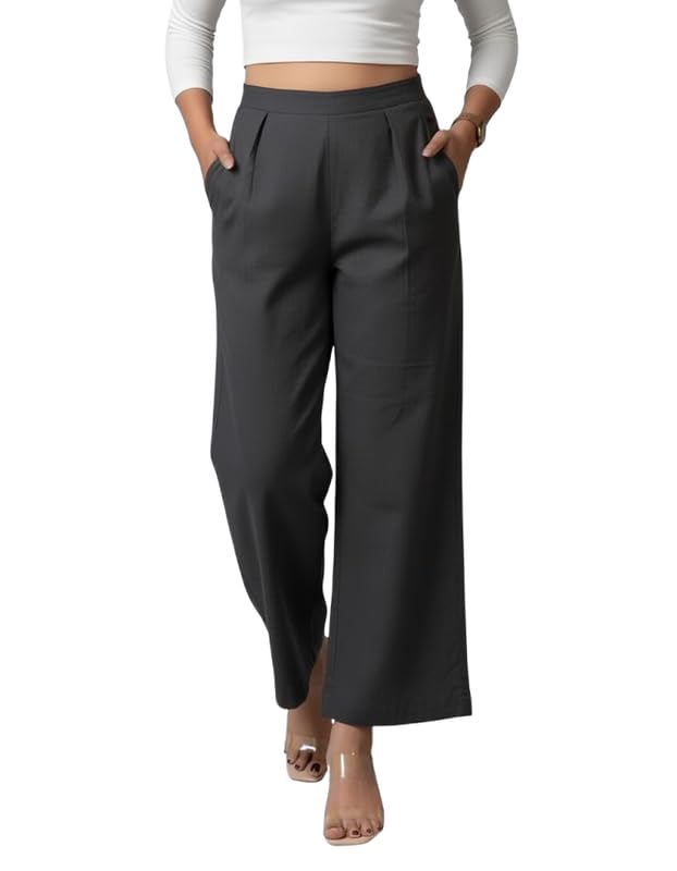 Image of Moirai Pure Cotton Wide Leg Women Trouser Stylish Mid Rise Relaxed Straight Fit Loose Pants Casual Travel Office Formal Wear