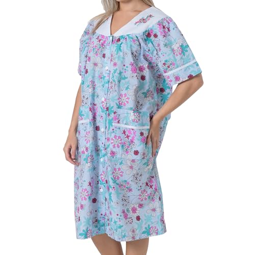 Image of Women's Short Sleeve Woven Snap-Front Closure Floral Embroidery Housecoat Duster Lounge Nightgown Robe with Front Pockets