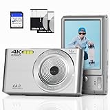 Digital Camera FHD 4K 44MP with 64GB SD Card 16X Digital Zoom Auto Focus FHD 1080p Compact Portable Cheap Small Vintage Camera Gifts for Teens Boys Girls (Silver)