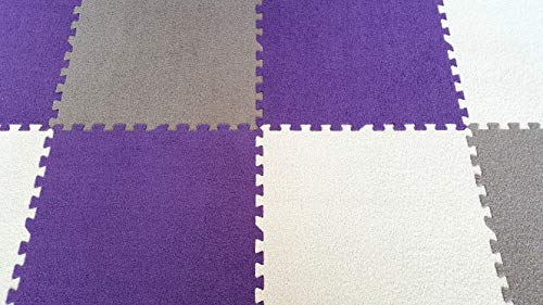 Homeneeds Interlocking Foam Eva Mat Carpet Flooring (9 Piece, Purple, White And Grey Carpet) Each Piece 12” X 12” Inches, Approximately ½ Inch Thick #TOP3