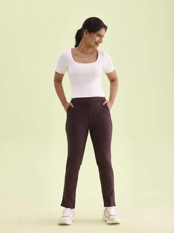 Image of GO COLORS Women Solid Mid Rise Suede Treggings
