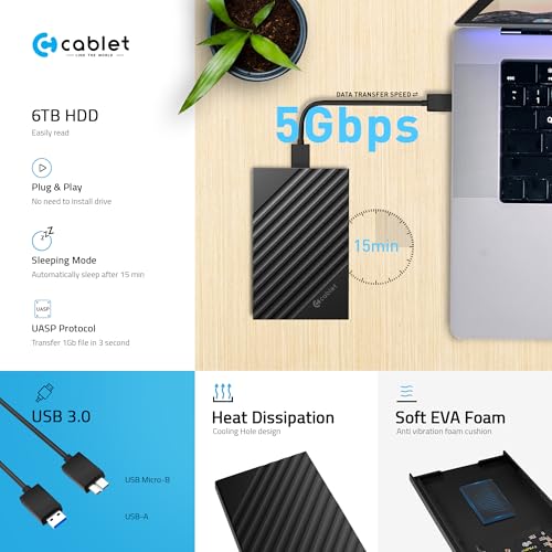 Image of Cablet 2.5 Inch SATA USB 3.0 HDD /SSD 5Gbps Speed Portable External Enclosure for 7mm and 9.5mm, Tool-Free Design, Supports UASP Max 6TB (HD2599-U3 (USB 3.0))