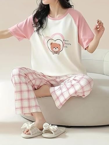 Image of Women's Pajama Set with Top & Pants|| Korean Night Wear|| Loose Fit Home Wear || Lightweight Printed Set || Soft & Comfy Girls & Women