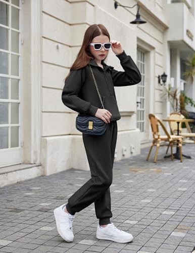 Image of Arshiner Girls 2 Piece Outfits Sweatsuit Half Zip Sweatshirt and Sweatpants | Fall Winter, Drop Shoulder Long Sleeve, Thumbhole Hoodies, with Sweatpant, Jogger Set, Sweat Set, Tracksuits with Pockets
