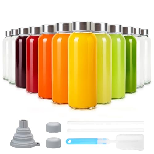 Sursip 10 oz Glass Juice Bottles, 12 Pack, Leakproof Stainless Lids