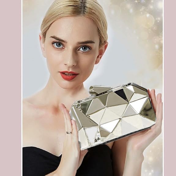 Women Lattice Pattern Metal Evening Clutch Bag,Geometric Evening Clutch Purse Handbag With Chain Strap - Image 2