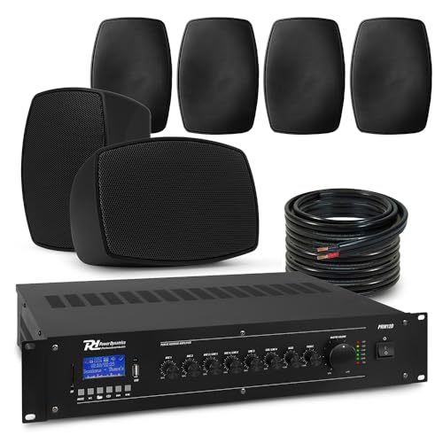 Power Dynamics BHW30BK Commercial Music System – Weatherproof Wall Mounted Speakers with Bluetooth Mixer Amplifier, Indoor/Outdoor Background Audio System (6x 3-Inch, Black)