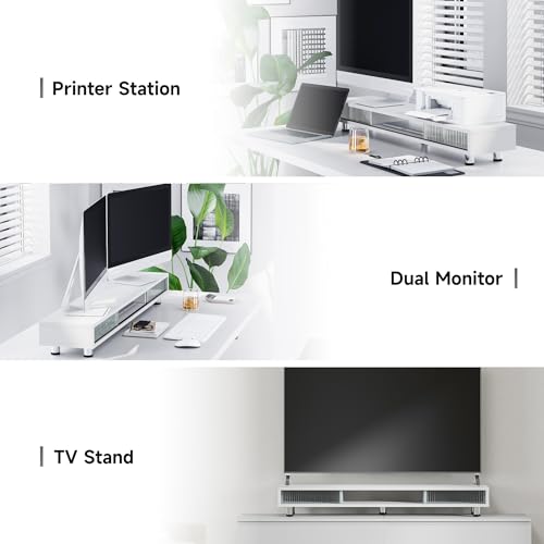 Image of Fenge Dual Monitor Stand, 42.5inch Long Monitor Stands Riser for 2 Monitors, Glass Sliding Door with Storage Organizer Stand for Desk, 2 Tier Desk Shelf for Laptop, Pc, Printer, Computer, TV