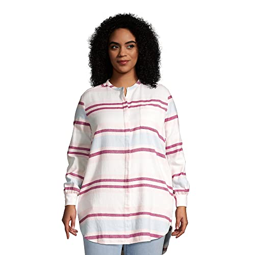 Lands' End Womens Flannel A-Line Long Sleeve Tunic Top Ivory Multi Stripe Plus 1X #TOP18