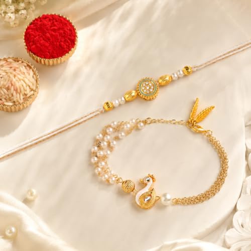 Image of CraftVatika Rakhi Gift for Brother and Bhabhi Set of 2, Bhaiya Bhabhi Rakhi, Designer Peacock Rakhis for Rakshabandhan, Premium Bracelet Lumba for Bhabhi, Fridge Magnet Gift, Rakshabandhan Gift Set