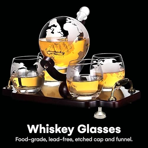 flybold Whiskey Globe Decanter and Glass Set Antique Ship Masterpiece Great Gift for Men 28 oz 850 ml 4 globe Glasses for Whisky Brandy Scotch Bourbon