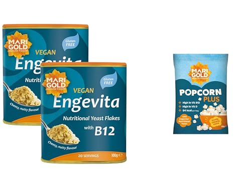 Marigold Engevita Nutritional Yeast Flakes with Vitamin B12 + Free Popcorn - High in B-Complex, Zinc & Fibre, Vegan & Gluten-Free, Cheese-Style Seasoning, 100g (Pack of 2)