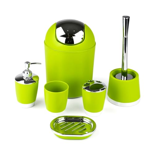 GMMH – Set di 6 accessori da bagno, con dispenser per sapone, porta saponetta e scopino per WC (verde)