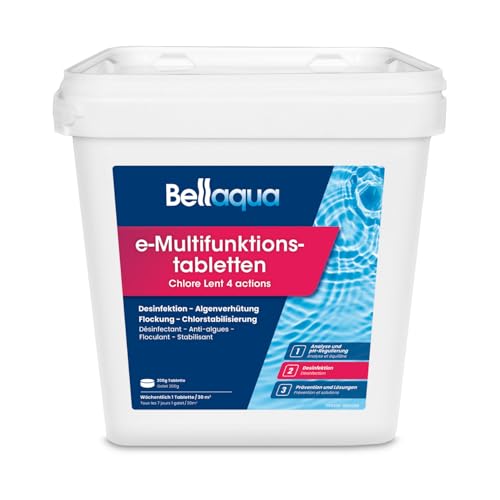 Bellaqua e-Chlor-Multifunktionstabletten 5kg - 200g Chlortabletten für Pool - Multitabs für Desinfektion, Algenverhütung, Flockung, Chlorstabilisierung - Pool Chlor