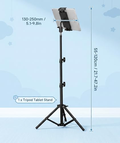 Image of Tab Stand Holder, Tablet Stand Floor Height Adjustable Tripod for Video Conferencing and Content Creation, Portable Tablet Holder with 55-120 cm Extendable Design