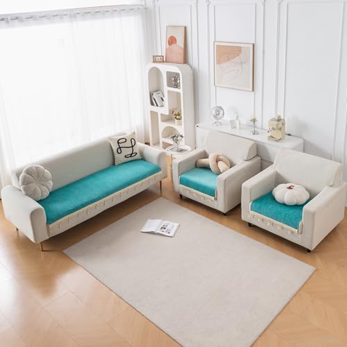 Image of HOKIPO 'Serenity Tassel' Chenille Sofa Cover 5 Seater Set with Tassels - Washable 3+1+1 Sofa Cover Mat | Ocean Teal (IN-890 * 2 + IN-892 - SBL)